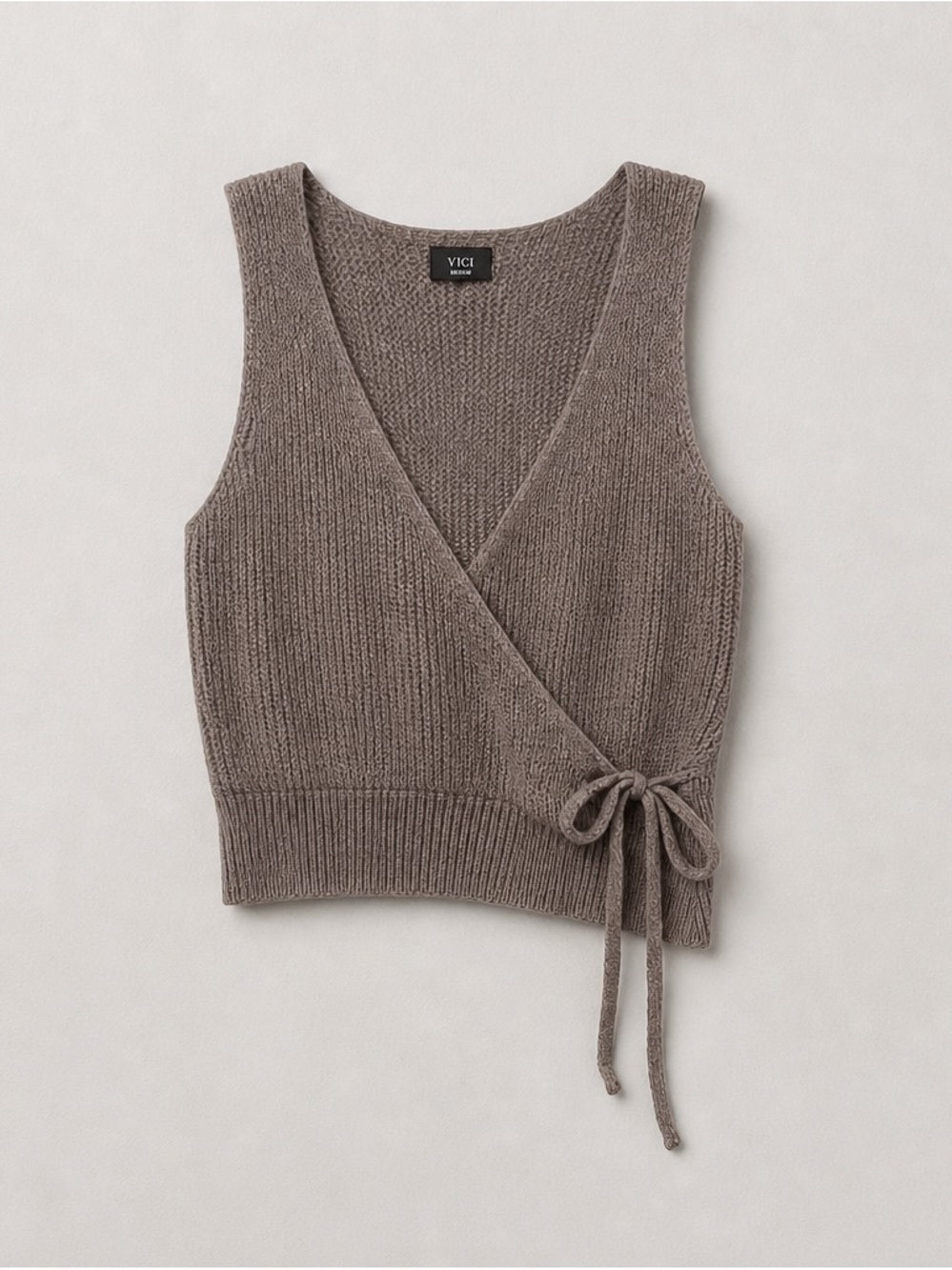VICI Taupe Wrap Knit V-Neck Sweater Vest with Side Tie